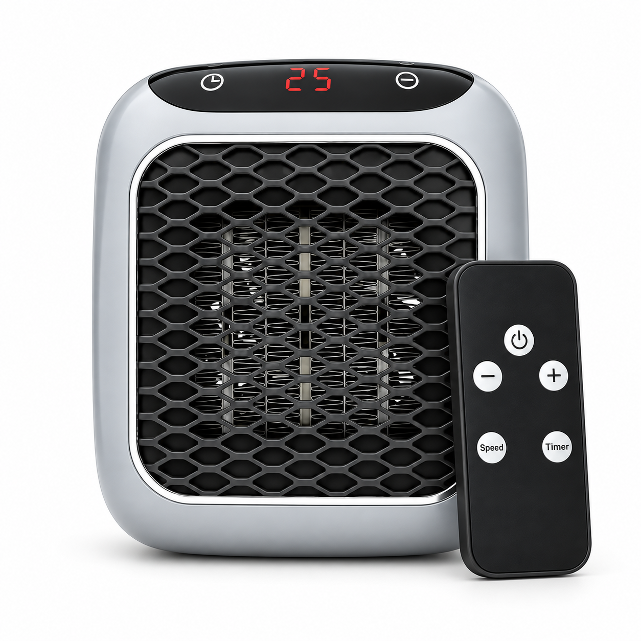 RapidHeat ceramic space heater and remote control shown from the front