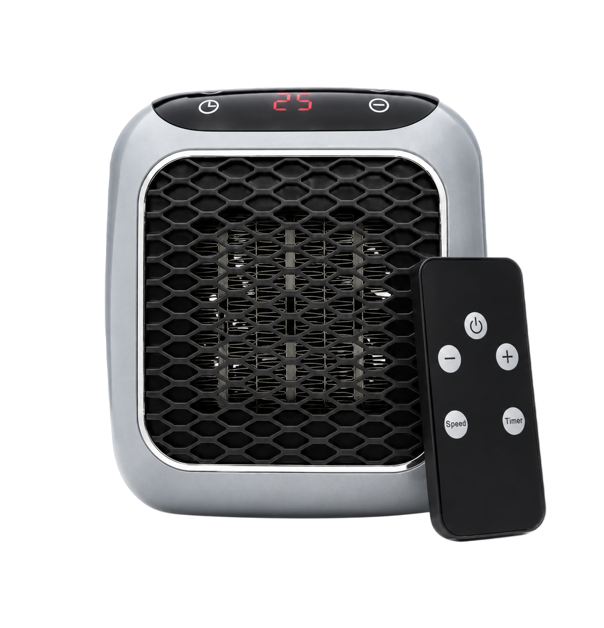 RapidHeat heater shown with its handheld remote control